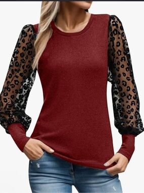 Women's Burgundy Ribbed Top with Sheer Black Leopard Sleeves